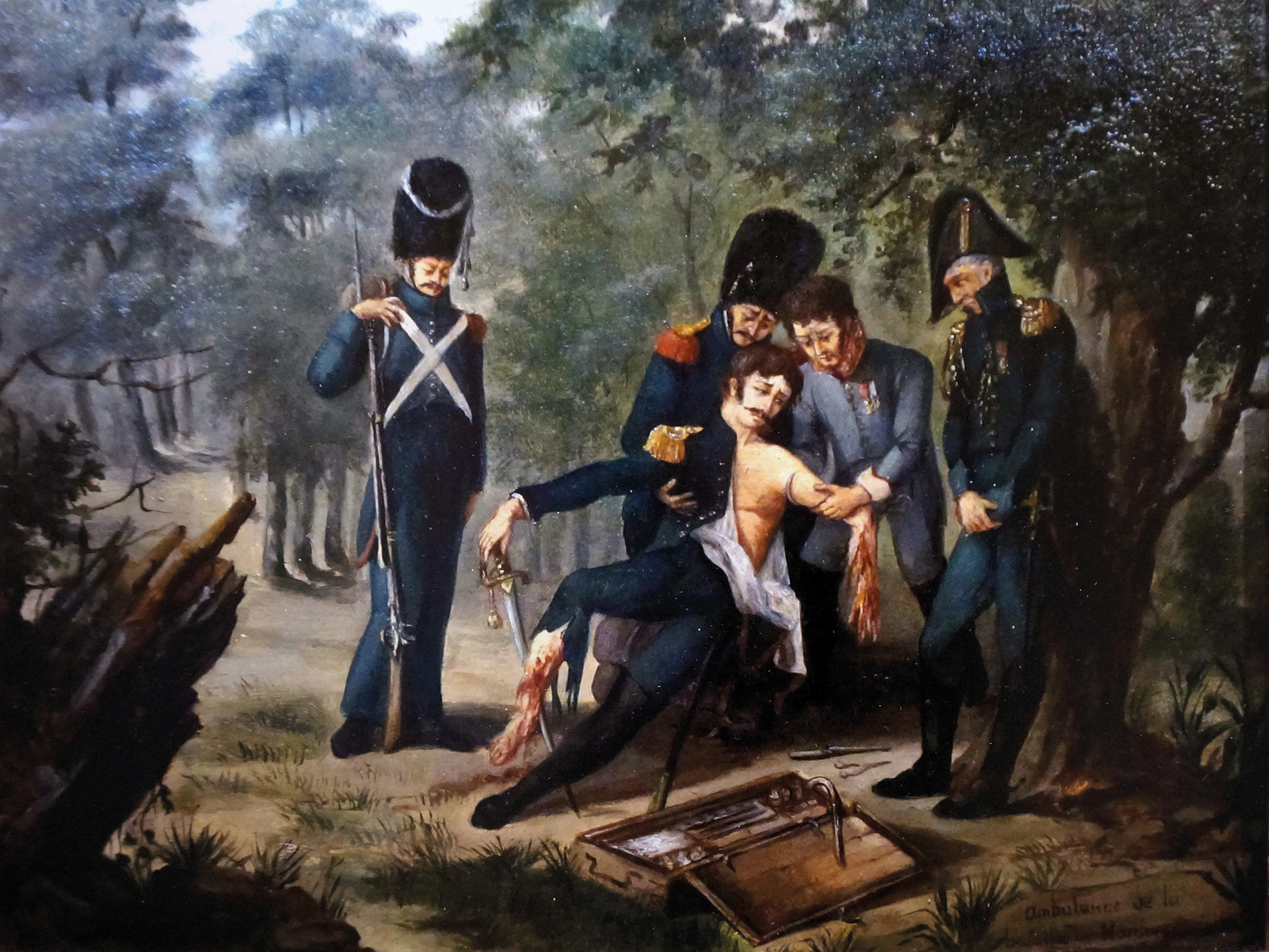 Napoleons oorlogschirurg Larrey verricht een amputatie in de linker bovenarm met het sterk gebogen amputatiemes.