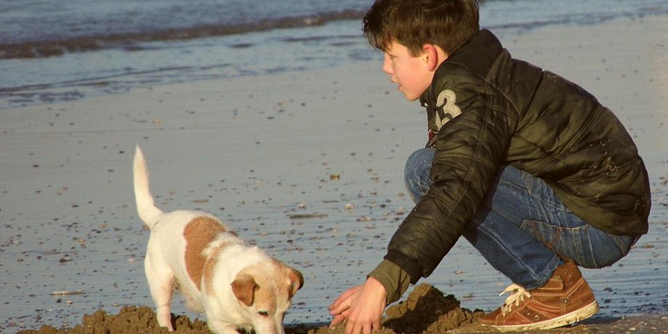 Foto jongen met hond op strand